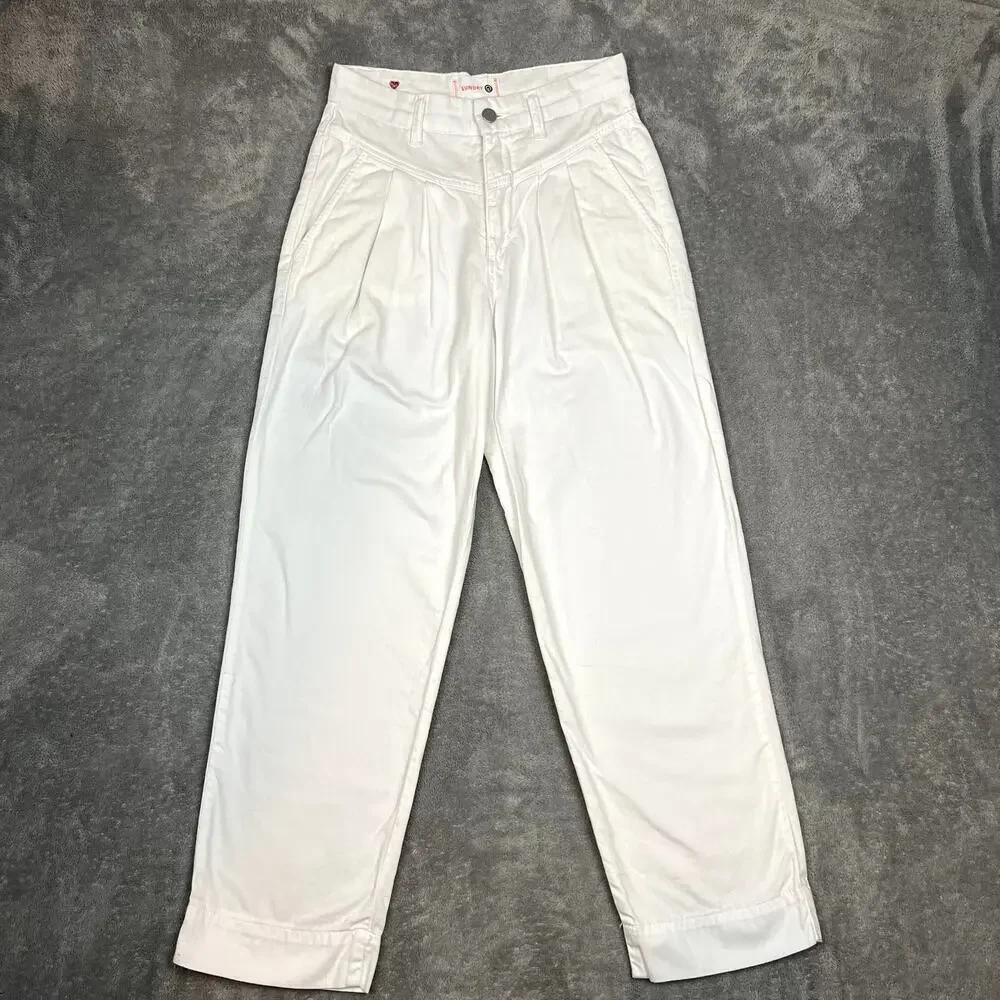 Sundry Womens 24‎ White Pleated High-Waisted Cropped Pants with Heart Embroidery